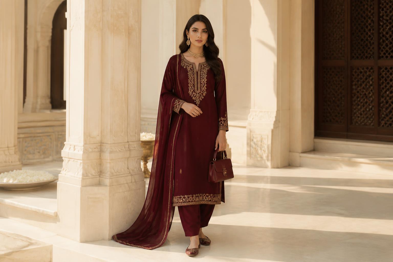 Woman wearing an oxblood South Asian ensemble with matching khussas and bag